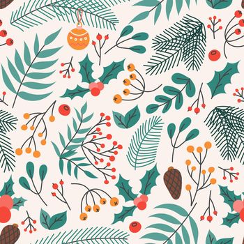 Christmas seamless pattern with berries, twigs and cones