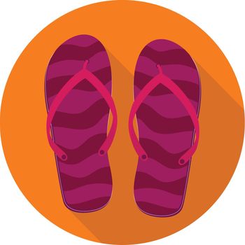 Beach slippers, flip flops, sandals. Flat icon with long shadow on orange round background. Flat design style. Vector illustration. EPS10