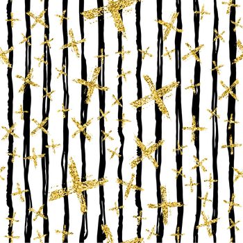 Modern seamless pattern with brush stripes and cross.Black, Gold metallic color on white background. Golden glitter texture. Ink geometric elements. Fashion catwalk style. Repeat fabric cloth print.