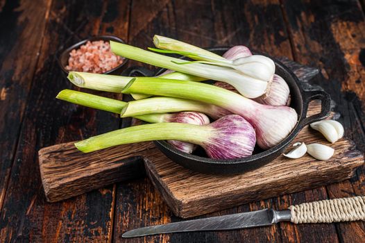 Young Spring garlic bulbs and cloves in a pan. Dark Wooden background. Top view