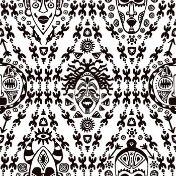 Hand drawn seamless pattern with Tribal mask ethnic. Sketch for your design, wallaper, textile, print. African culture. Fabric afro ornament. Coloful batik art. Black color on white background.
