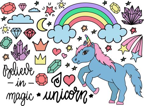 Hand drawn unicorn and other elements. Set of vector illustrations in doodle or cartoon style on white background