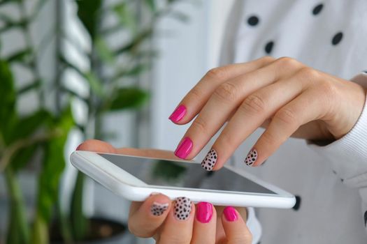 Manicured female hands with stylish pink nails holding mobile phone. Smartphone technology. Trendy modern design manicure. Gel nails. Skin care. Beauty treatment. Nail care. Trendy colors