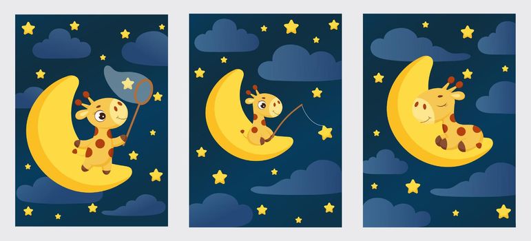 Cute little giraffe sleeping on moon in night sky collection card template. Cartoon character for kids room decoration, nursery art, birthday party, baby shower. Bright stock vector illustration