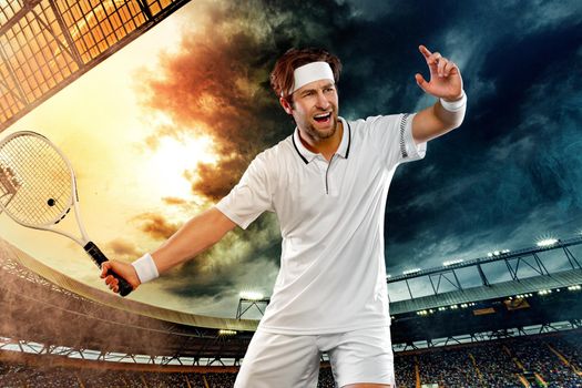 Tennis player with racket in white t-shirt. Man athlete playing on grand arena with tennis courts.