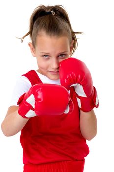 Sports boxer teenage girl, isolated on white background