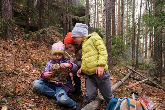 Children with map in camping in autumn nature