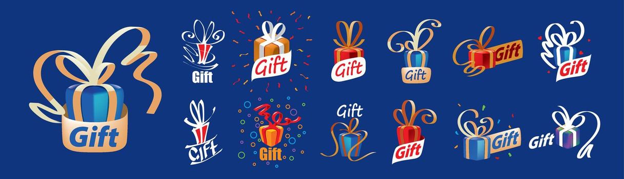 A set of vector gift logos on a blue background