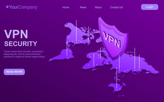 Secure VPN connection concept. Isometric vector illustration in ultraviolet colors. Virtual private network connectivity overview. EPS