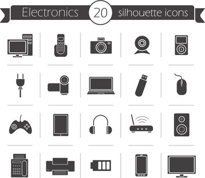 Consumer electronics black silhouette icons set