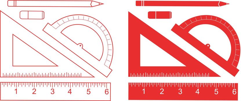 Education set. Pencil, eraser, protractor, triangle ruler, liner ruler. Vector clip art contour line and black silhouette illustrations isolated on white