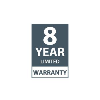 8 years limited warranty icon or label, certificate for customers, warranty stamp or sticker. vector illustration isolated on white background