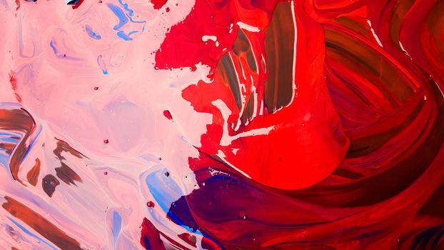 Abstract background of spilled red paint with buckets on a black backdrop. Red paint is pouring on a black background. Use it for an artist or creative concept. paints spilled red colored background