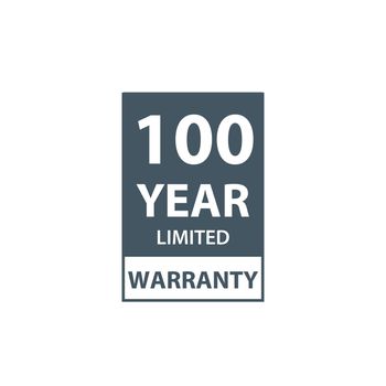 100 years limited warranty icon or label, certificate for customers, warranty stamp or sticker. vector illustration isolated on white background