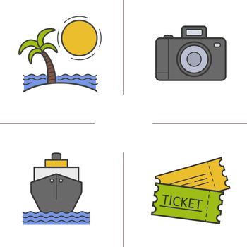 Vacation color icons set. Travelling. Sunny island with palm and sea waves, photo camera, cruise ship, tickets. Vector isolated illustrations