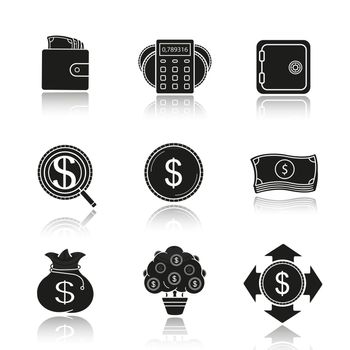 Banking and finance drop shadow black icons set