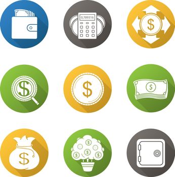 Banking and finance flat design long shadow icons set