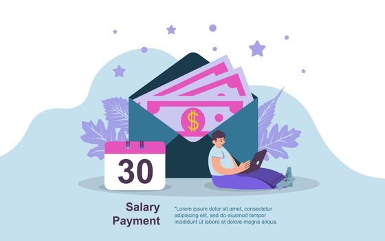 Salary Payment Concept, Showing a man working laptop salary payment day, Suitable for landing page, UI, web, App intro card, editorial, flyer,and banner Vector Illustration EPS