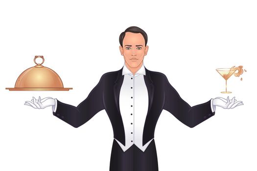 Elegant vintage waiter standing with tray and metal cloche lid cover. the concept of the best service and suggestions.