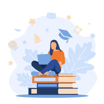 Girl sitting on pile of books with laptop. Concept illustration of e-learning, distance studying and self education. Young woman student character in simple trendy flat style. EPS