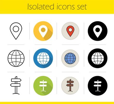 Travelling icons set. Flat design, linear, black and color styles. Geolocation mark, globe symbol, wooden way direction. Tourism isolated vector illustrations