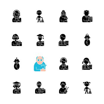 Different age and gender groups black glyph icons set on white space