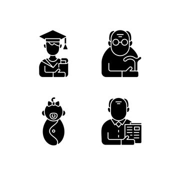 Aging process black glyph icons set on white space