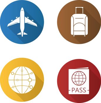 Travel flat design long shadow icons set. Plane, suitcase, passport and worldwide vector symbols