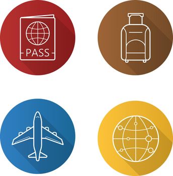 Air travel flat linear long shadow icons set. International passport, luggage suitcase on wheels, plane flight, worldwide globe symbol. Vector line symbols