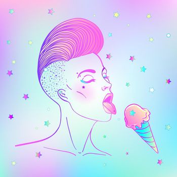 Portrait of a young pretty woman with short modern side shaved haircut licking icecream. Vector illustration isolated on white.