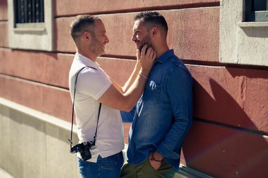 Gay couple in a romantic moment outdoors