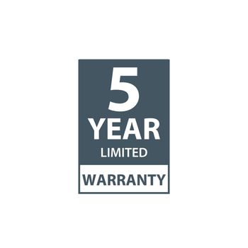 5 years limited warranty icon or label, certificate for customers, warranty stamp or sticker. vector illustration isolated on white background