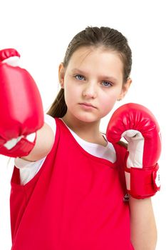 Sports boxer teenage girl, in the studio for white background.