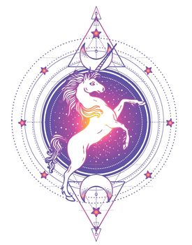Rainbow unicorn over sacred geometry design elements. Alchemy, philosophy, spirituality symbols. illustration in vintage style isolated on white.