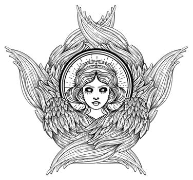 Seraph, six winged Angel. Isolated hand drawn vector illustration. Highest rank in Christian angelology. Trendy Vintage style element. Spirituality, occultism, alchemy, magic, love.