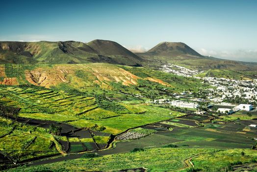beautiful mountain landscape with green field in Lanzarote, Canary Islands