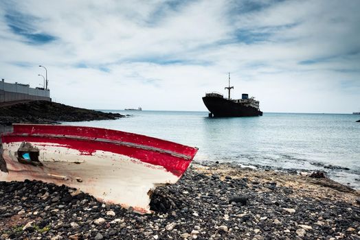 boat and broken ship on Lanzarote