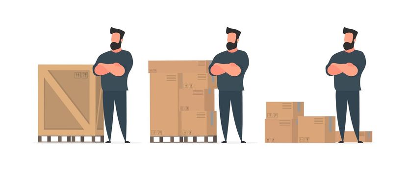 A man stands with cardboard boxes. Delivery and trucking concept. Isolated. Vector.