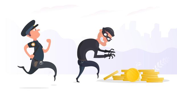 A criminal steals gold coins. A policeman detains a robber. Robbery and finance security concept. Flat style, Vector.