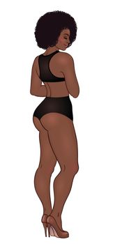 Curvy african american girl in casual wear and high heels isolated on white. Vector illustration. Plus size model. Bodypositive concept. Beautiful black woman.