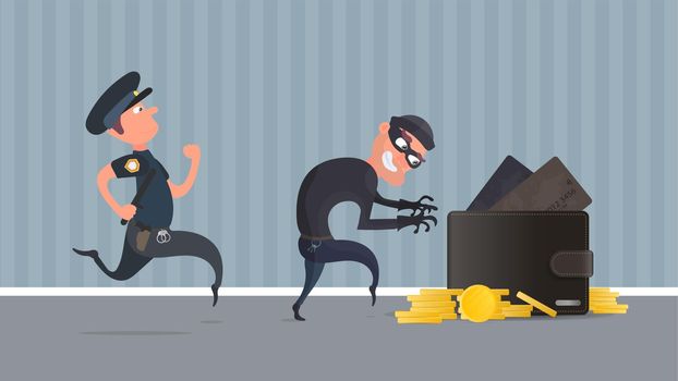 A criminal steals a wallet with credit cards and gold coins. A policeman detains a robber. The concept of robbery. Security finance and data. Flat style, Vector.