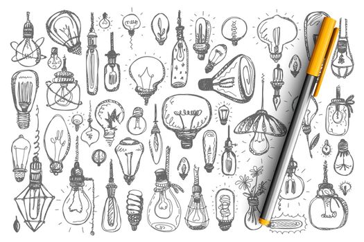 Light bulbs doodle set collection