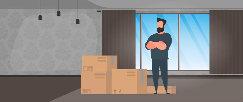 A man stands with cardboard boxes. Delivery and trucking concept. Vector.