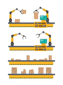 Conveyor line with boxes. Conveyor system in flat design. Vector illustration