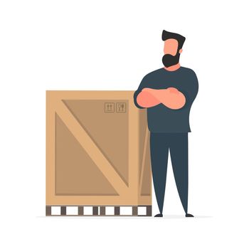 A man stands with a large wooden box. Large pallet. Delivery and transportation concept. Isolated. Vector.