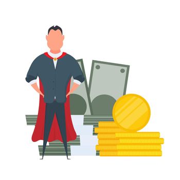 Businessman and a mountain of money. A man stands near gold coins and large dollar bills. A bundle of money. The concept of successful business, earnings and wealth. Vector.