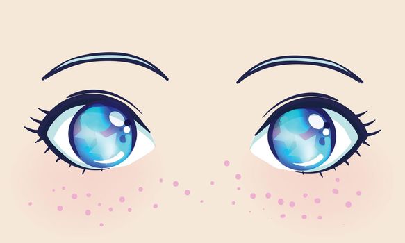 Colorful beautiful eyes in anime (manga) style with shiny light reflections. Bright vector illustration isolated. Emotions: expression of sadness. Pastel goth colors.