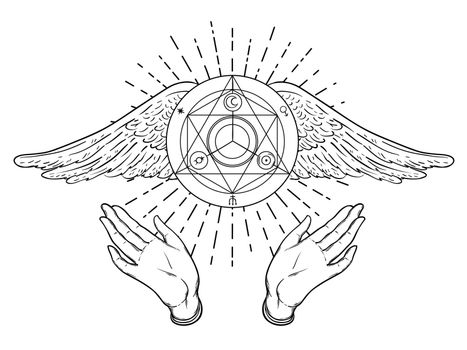 Open hands. Hand drawn illustration. Occult design with angels wings. Dotwork ink tattoo flash design. Vector isolated on white.