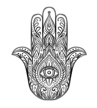 Ornate hand drawn hamsa. Popular Arabic and Jewish amulet. Vector illustration isolated on white. Tattoo design, mystic symbol. coloring book for adults.