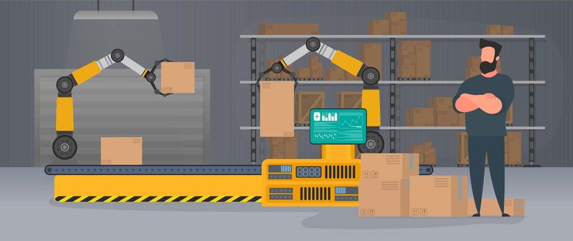 Conveyor line with boxes. Conveyor system in flat design. A man stands with cardboard boxes. Vector.